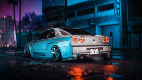 Nissan Skyline R34 Turbo at Rainy Night